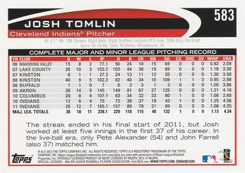 2012 Topps #583 Josh Tomlin Back