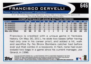 2012 Topps #646 Francisco Cervelli Back