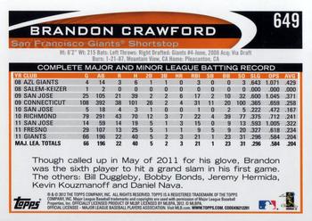 2012 Topps #649 Brandon Crawford Back