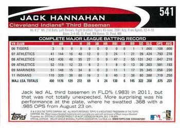 2012 Topps #541 Jack Hannahan Back