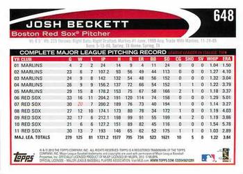 2012 Topps #648 Josh Beckett Back