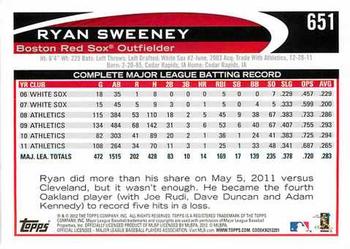 2012 Topps #651 Ryan Sweeney Back