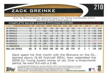 2012 Topps - Gold Sparkle #210 Zack Greinke Back