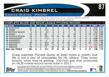 2012 Topps - Gold Sparkle #87 Craig Kimbrel Back