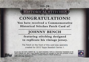 2012 Topps - Historical Stitches #HS-JB Johnny Bench Back