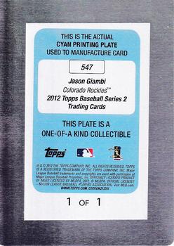 2012 Topps - Printing Plates Cyan #547 Jason Giambi Back