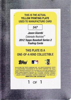 2012 Topps - Printing Plates Yellow #547 Jason Giambi Back