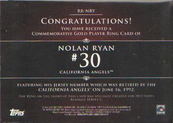 2012 Topps - Retired Rings #RR-NRY Nolan Ryan Back