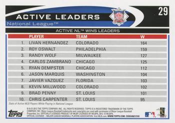 2012 Topps - Red #29 Active NL Wins Leaders (Livan Hernandez / Roy Oswalt / Randy Wolf) Back