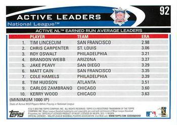2012 Topps - Blue #92 Active NL Earned Run Average Leaders (Tim Lincecum / Chris Carpenter / Roy Oswalt) Back