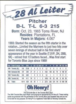 1994 Oh Henry! Toronto Blue Jays SGA #NNO Al Leiter Back