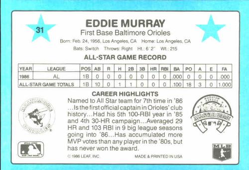 1987 Donruss All-Stars #31 Eddie Murray Back