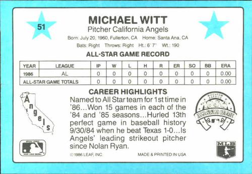 1987 Donruss All-Stars #51 Mike Witt Back