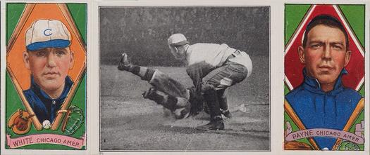 1912 Hassan Triple Folders T202 #NNO Close at the Plate (Fred Payne / Doc White) Front
