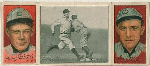 1912 Hassan Triple Folders T202 #NNO Chance Beats Out a Hit (Harry McIntire / Jimmy Archer) Front
