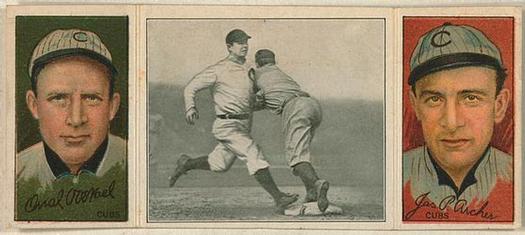 1912 Hassan Triple Folders T202 #NNO Chance Beats Out a Hit (Orval Overall / Jimmy Archer) Front