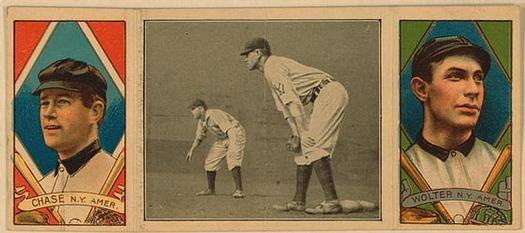 1912 Hassan Triple Folders T202 #NNO Chase Guarding First (Hal Chase / Harry Wolter) Front