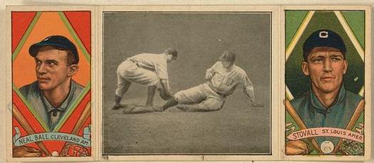 1912 Hassan Triple Folders T202 #NNO Close at First (Neal Ball / George Stovall) Front