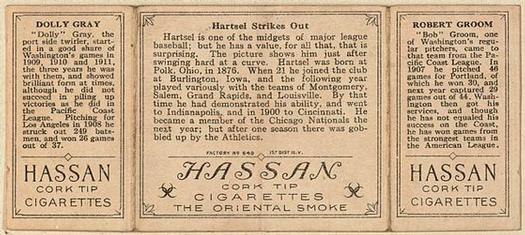1912 Hassan Triple Folders T202 #NNO Hartsel Strikes Out (Dolly Gray / Bob Groom) Back