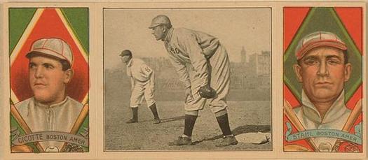 1912 Hassan Triple Folders T202 #NNO Jake Stahl Guarding First (Eddie Cicotte / Jake Stahl) Front