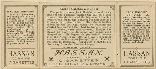 1912 Hassan Triple Folders T202 #NNO Knight Catches a Runner (John Knight / Walter Johnson) Back