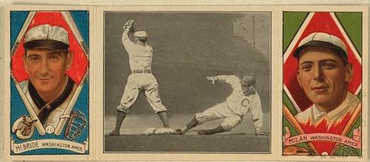 1912 Hassan Triple Folders T202 #NNO Schaefer on First (George McBride / Clyde Milan) Front