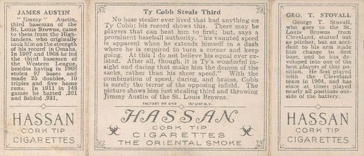 1912 Hassan Triple Folders T202 #NNO Ty Cobb Steals Third (George Stovall / Jimmy Austin) Back