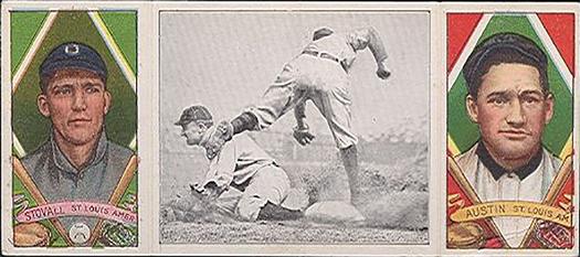 1912 Hassan Triple Folders T202 #NNO Ty Cobb Steals Third (George Stovall / Jimmy Austin) Front