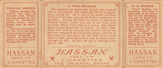1912 Hassan Triple Folders T202 #NNO A Great Batsman (Nap Rucker / Bill Bergen) Back