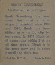 1943 M.P. & Co. (R302-1) #NNO Hank Greenberg Back