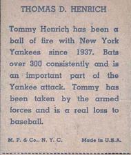 1943 M.P. & Co. (R302-1) #NNO Tommy Henrich Back