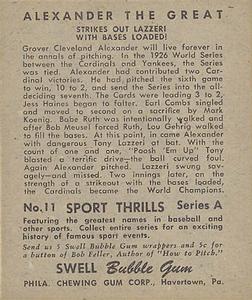 1948 Swell Sport Thrills #11 Bases Loaded: Alexander The Great - Grover C. Alexander Back