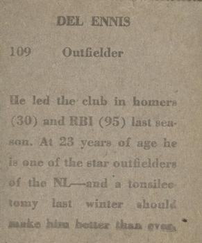 1949 M.P. & Co. (R302-2) #109 Del Ennis Back