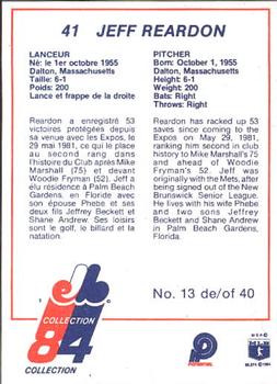 1984 Stuart Montreal Expos #13 Jeff Reardon Back