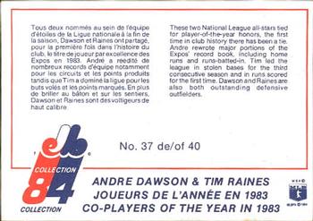 1984 Stuart Montreal Expos #37 1983 Co-Players of the Year (Andre Dawson / Tim Raines) Back