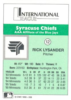 1990 CMC Syracuse Chiefs #12 Rick Lysander Back