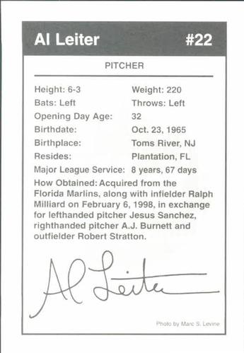 1998 Marc S. Levine New York Mets Photocards #15 Al Leiter Back
