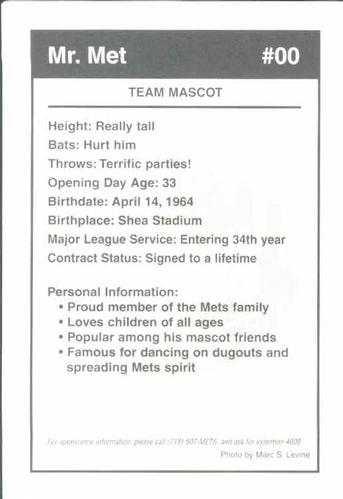 1998 Marc S. Levine New York Mets Photocards #35 Mr. Met Back