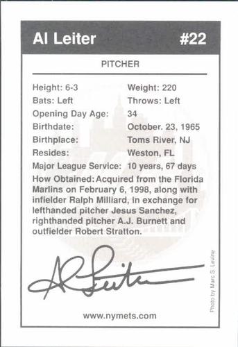 2000 New York Mets Marc S. Levine  #14 Al Leiter Back