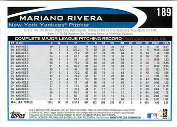 2012 Topps Opening Day #189 Mariano Rivera Back