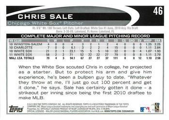 2012 Topps Opening Day #46 Chris Sale Back