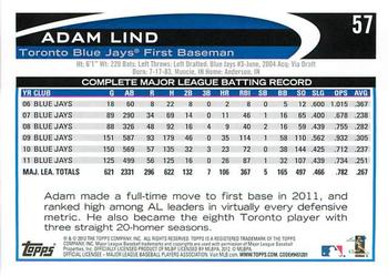 2012 Topps Opening Day #57 Adam Lind Back