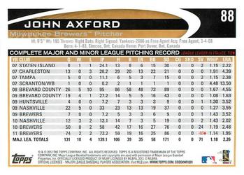 2012 Topps Opening Day #88 John Axford Back