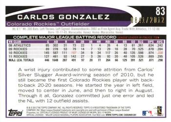 2012 Topps Opening Day - Blue #83 Carlos Gonzalez Back