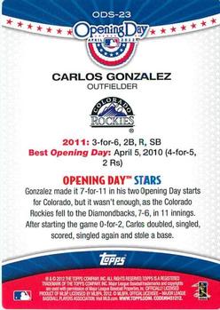 2012 Topps Opening Day - Opening Day Stars #ODS-23 Carlos Gonzalez Back