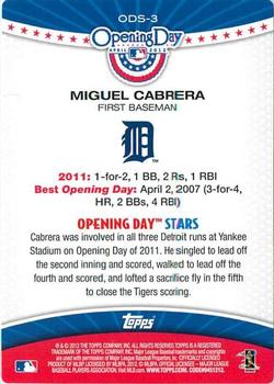 2012 Topps Opening Day - Opening Day Stars #ODS-3 Miguel Cabrera Back