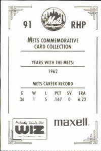 1991 The Wiz New York Mets #91 Ray Daviault Back