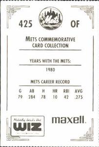 1991 The Wiz New York Mets #425 Claudell Washington Back