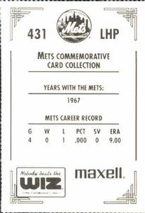 1991 The Wiz New York Mets #431 Nick Willhite Back