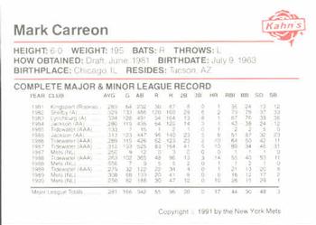 1991 Kahn's New York Mets #NNO Mark Carreon Back